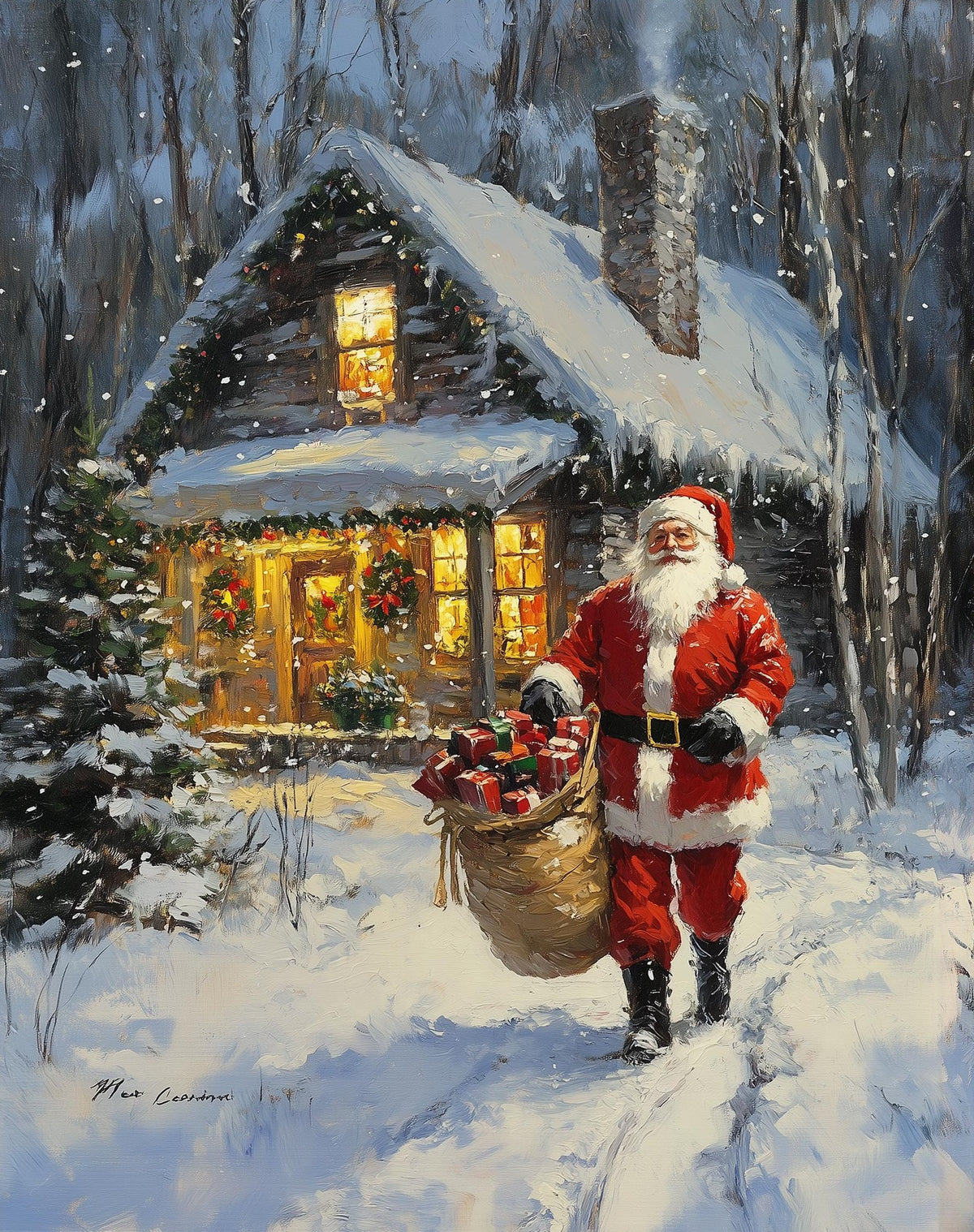 Santa Cabin Christmas art print unframed, signed by Pattie Overcash