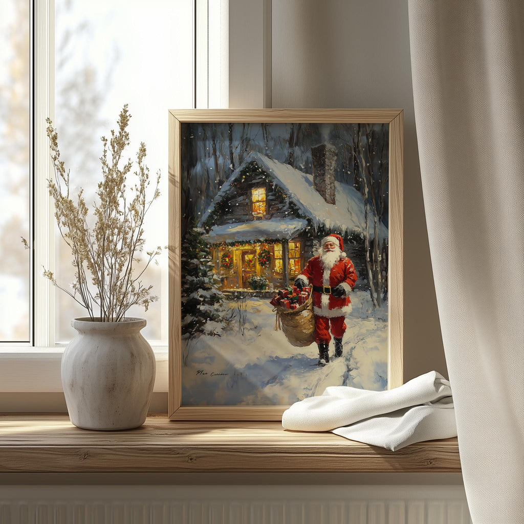 Santa Cabin Christmas art print shown in a room setting
