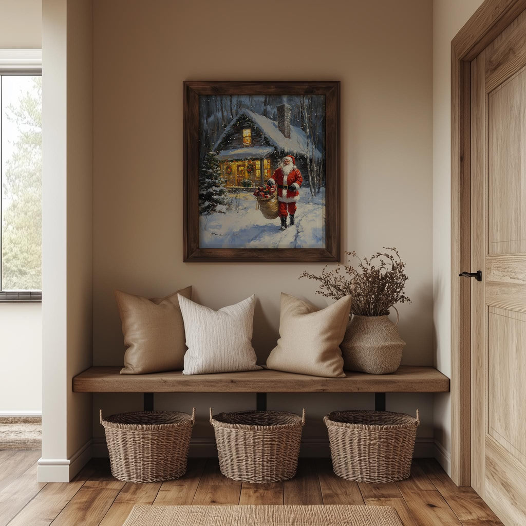 Santa Cabin Christmas art print shown in a room setting