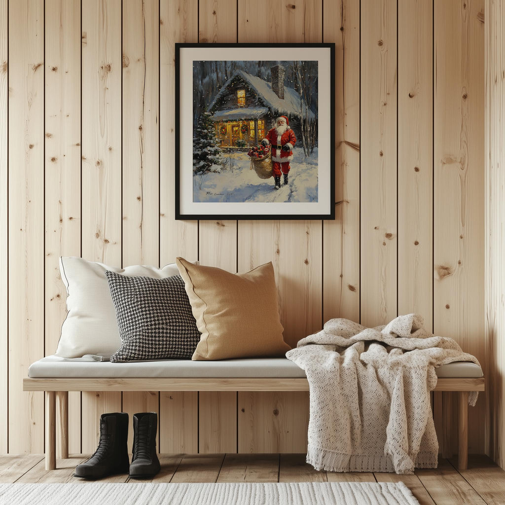 Santa Cabin Christmas art print shown in a room setting