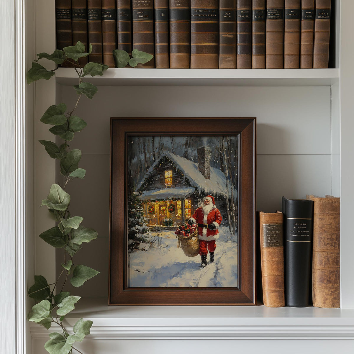 Santa Cabin Christmas art print shown in a room setting