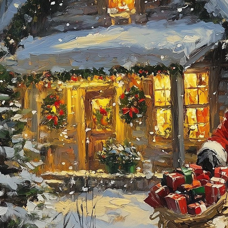 Santa Cabin Christmas art print close-up detail