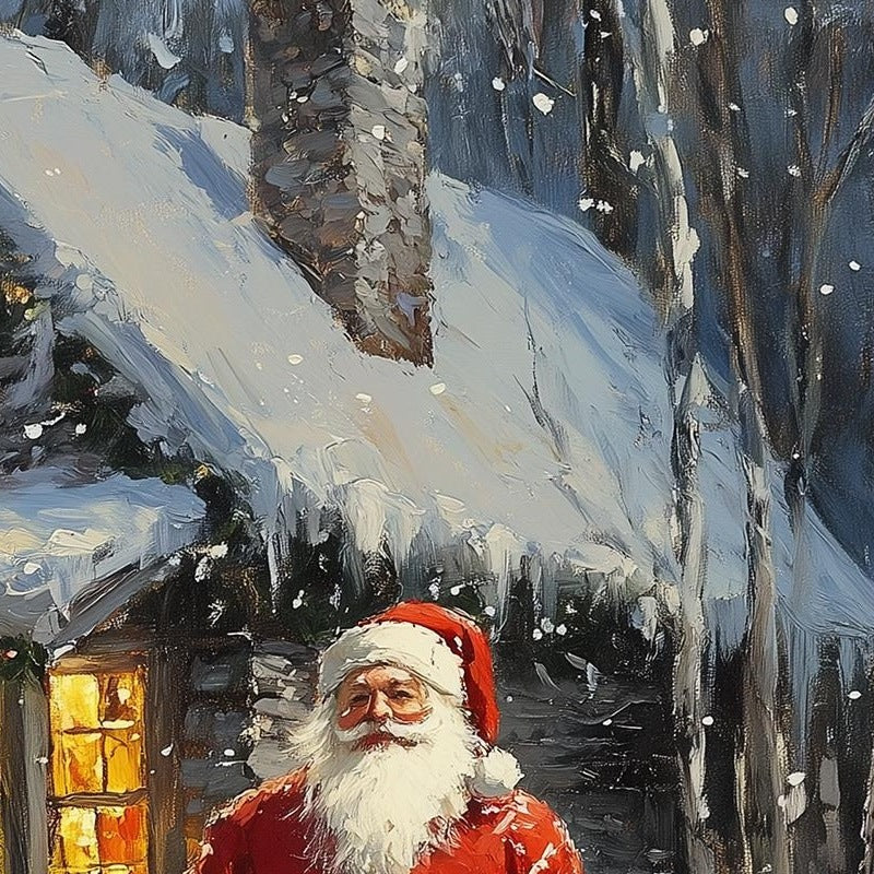 Santa Cabin Christmas art print close-up detail
