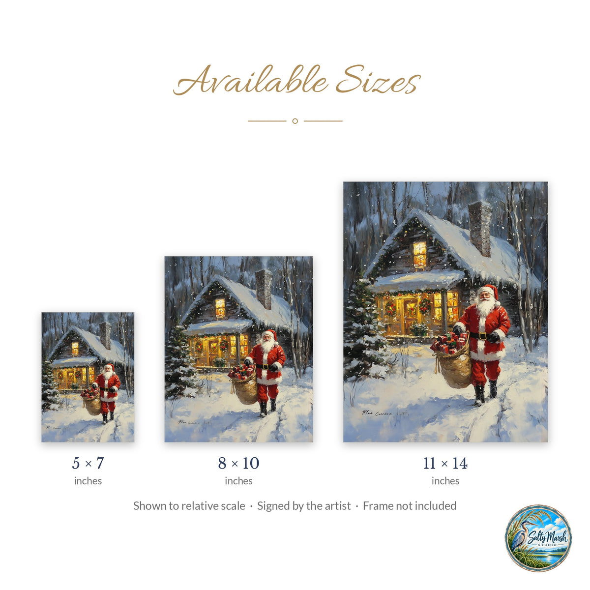 Santa Cabin art print size guide: 5x7, 8x10 and 11x14