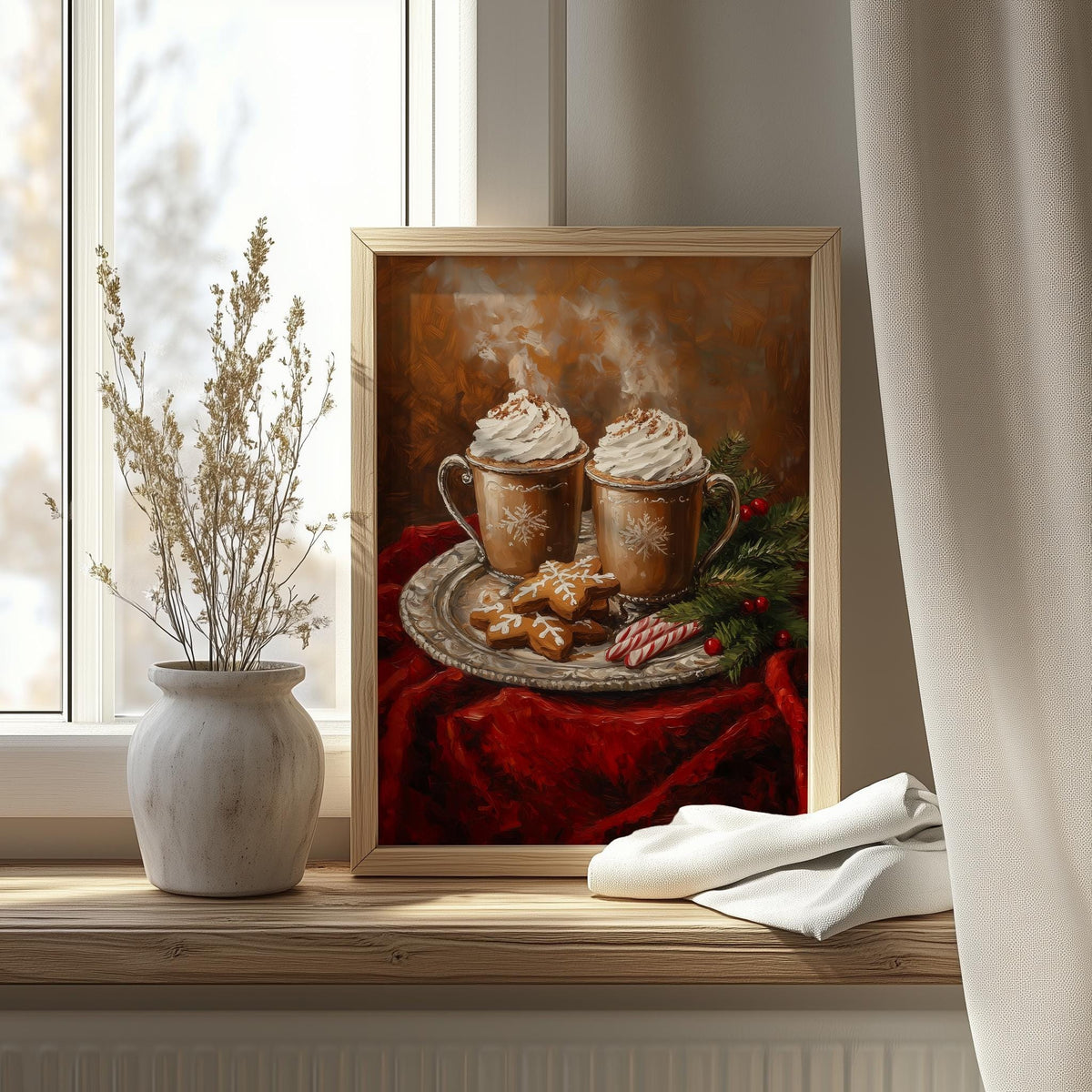Hot Cocoa Christmas art print shown in a room setting