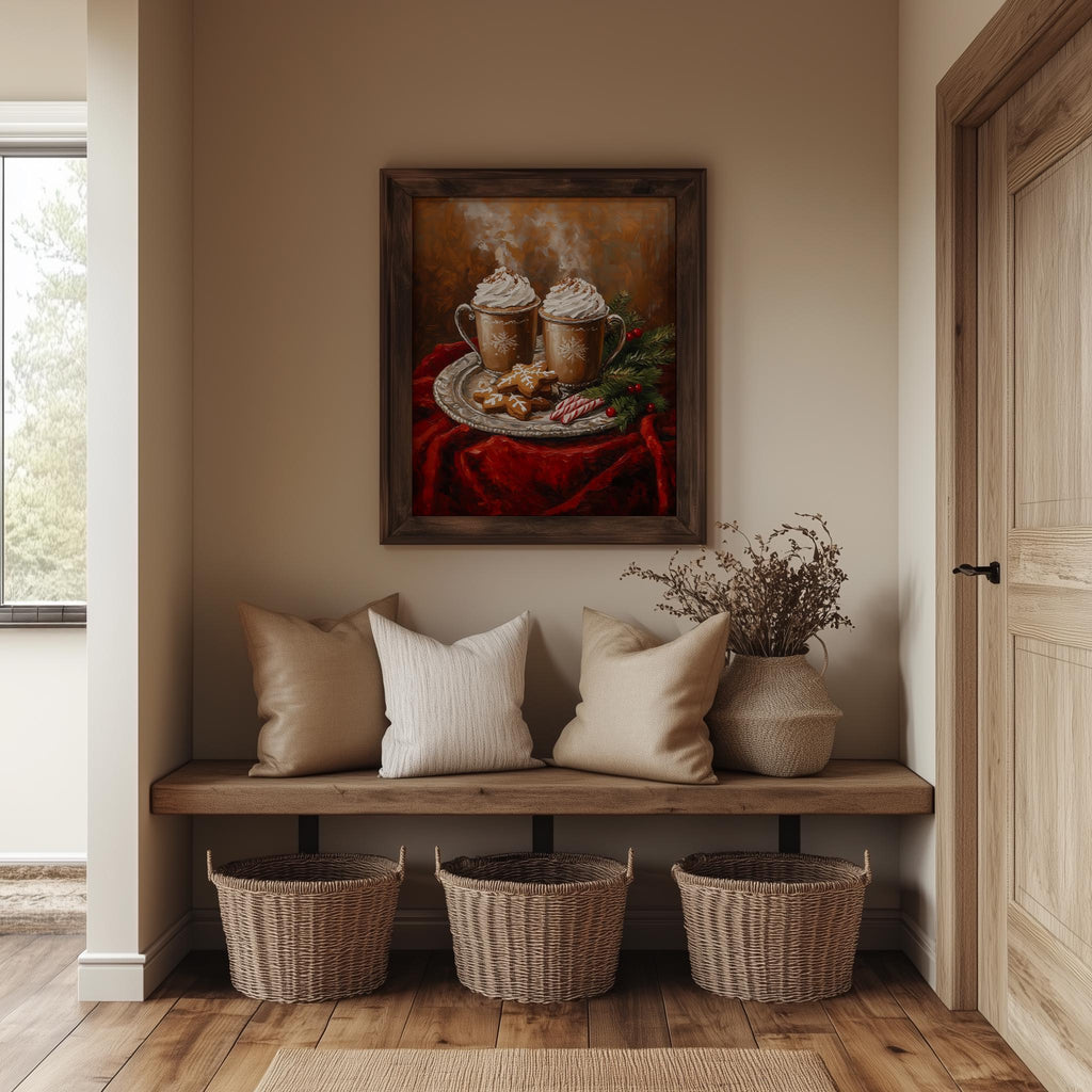 Hot Cocoa Christmas art print shown in a room setting