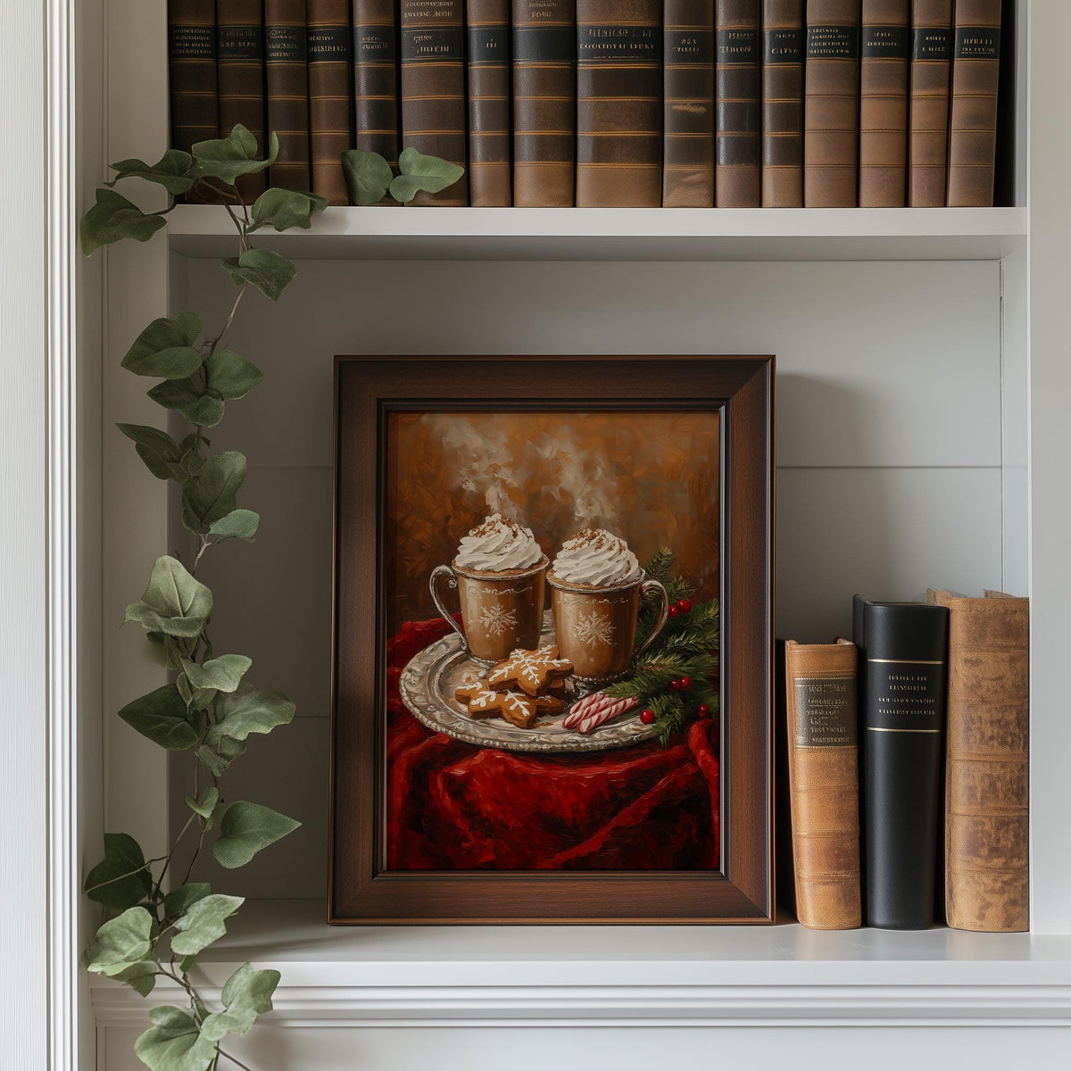 Hot Cocoa Christmas art print shown in a room setting