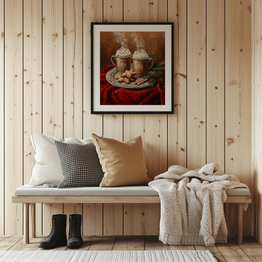 Hot Cocoa Christmas art print shown in a room setting
