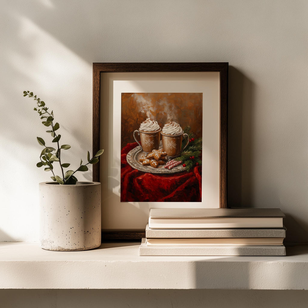 Hot Cocoa Christmas art print shown in a room setting