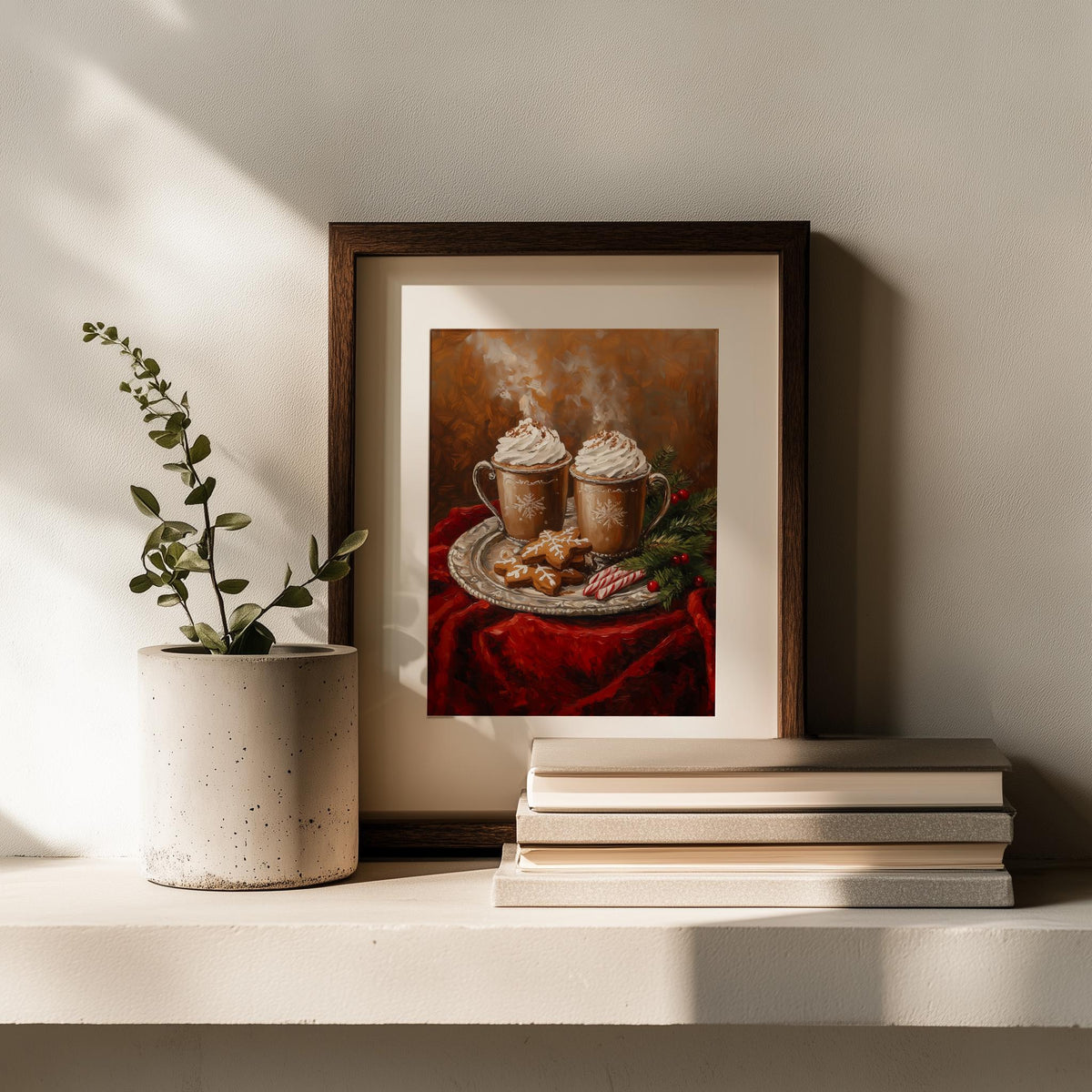 Hot Cocoa Christmas art print shown in a room setting