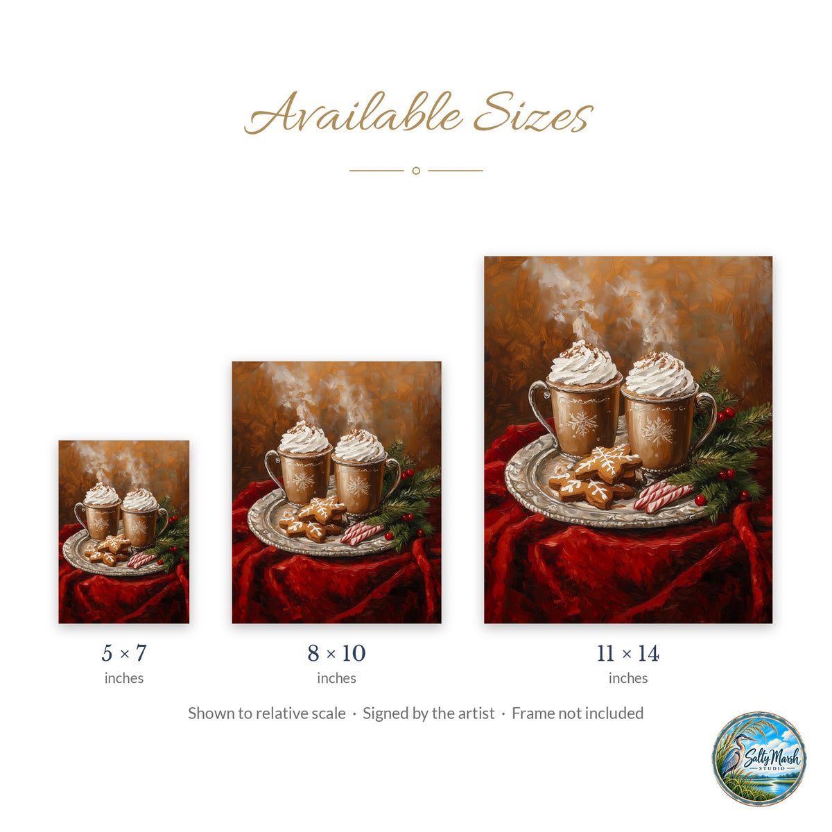 Hot Cocoa art print size guide: 5x7, 8x10 and 11x14