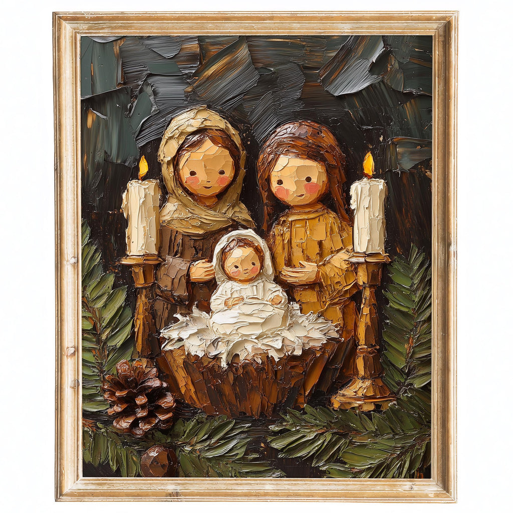 Folk Nativity Christmas art print framed