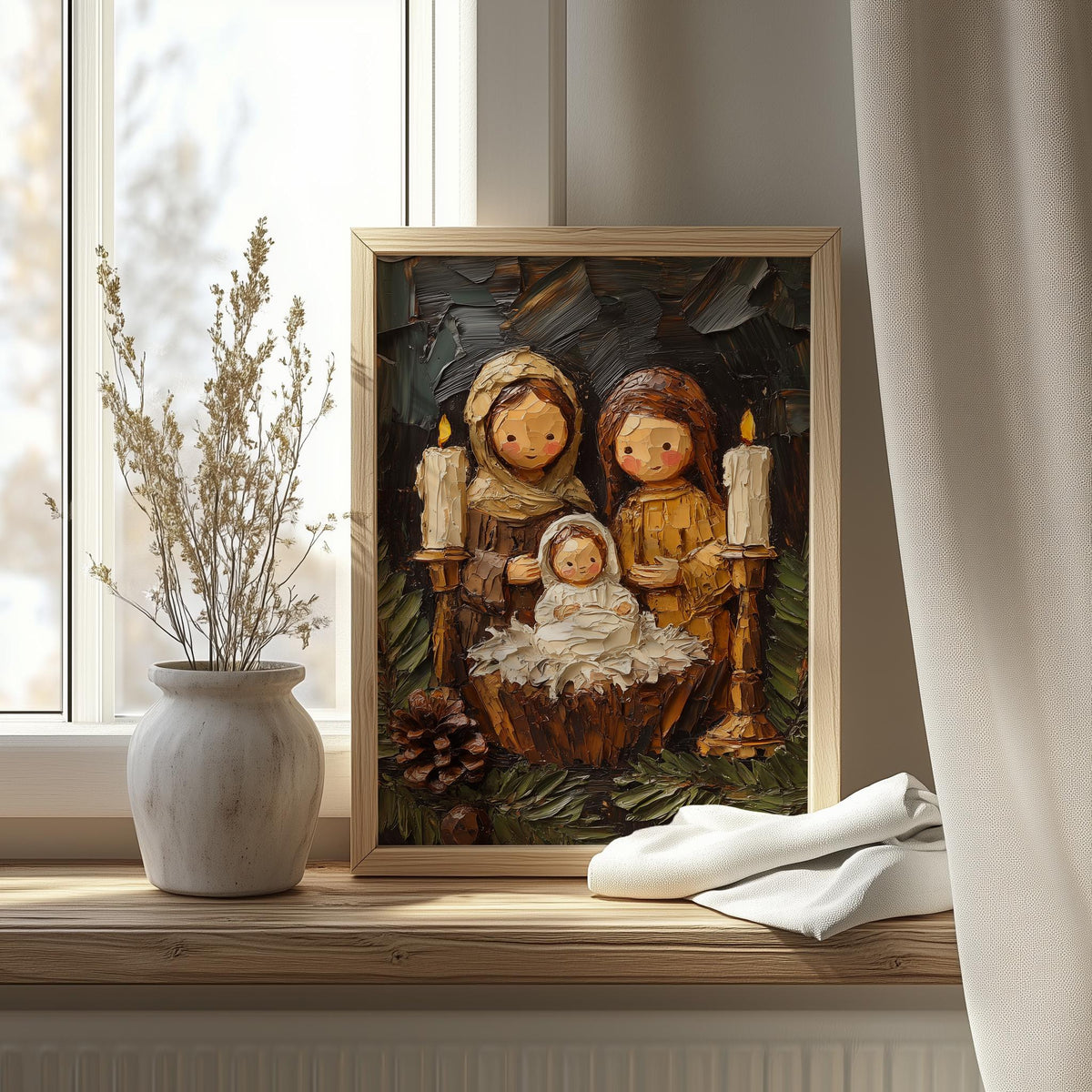 Folk Nativity Christmas art print shown in a room setting