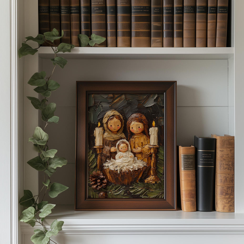Folk Nativity Christmas art print shown in a room setting