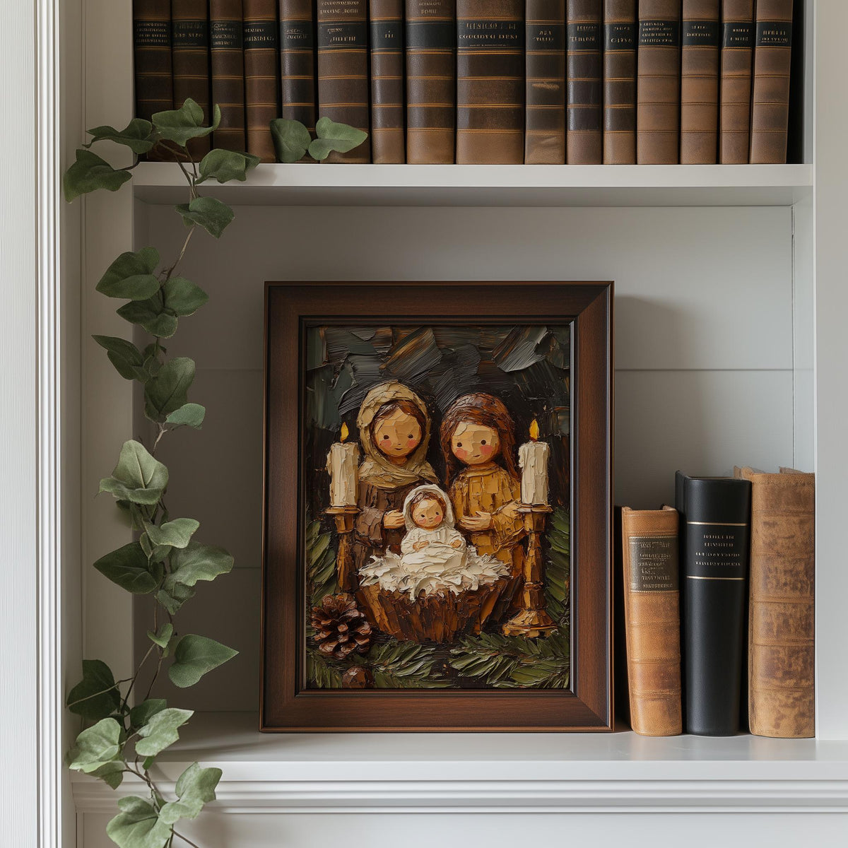 Folk Nativity Christmas art print shown in a room setting