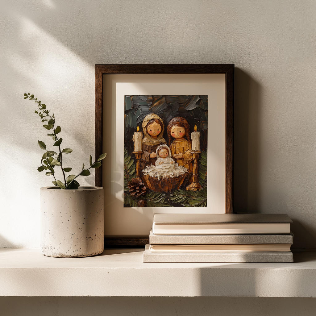Folk Nativity Christmas art print shown in a room setting