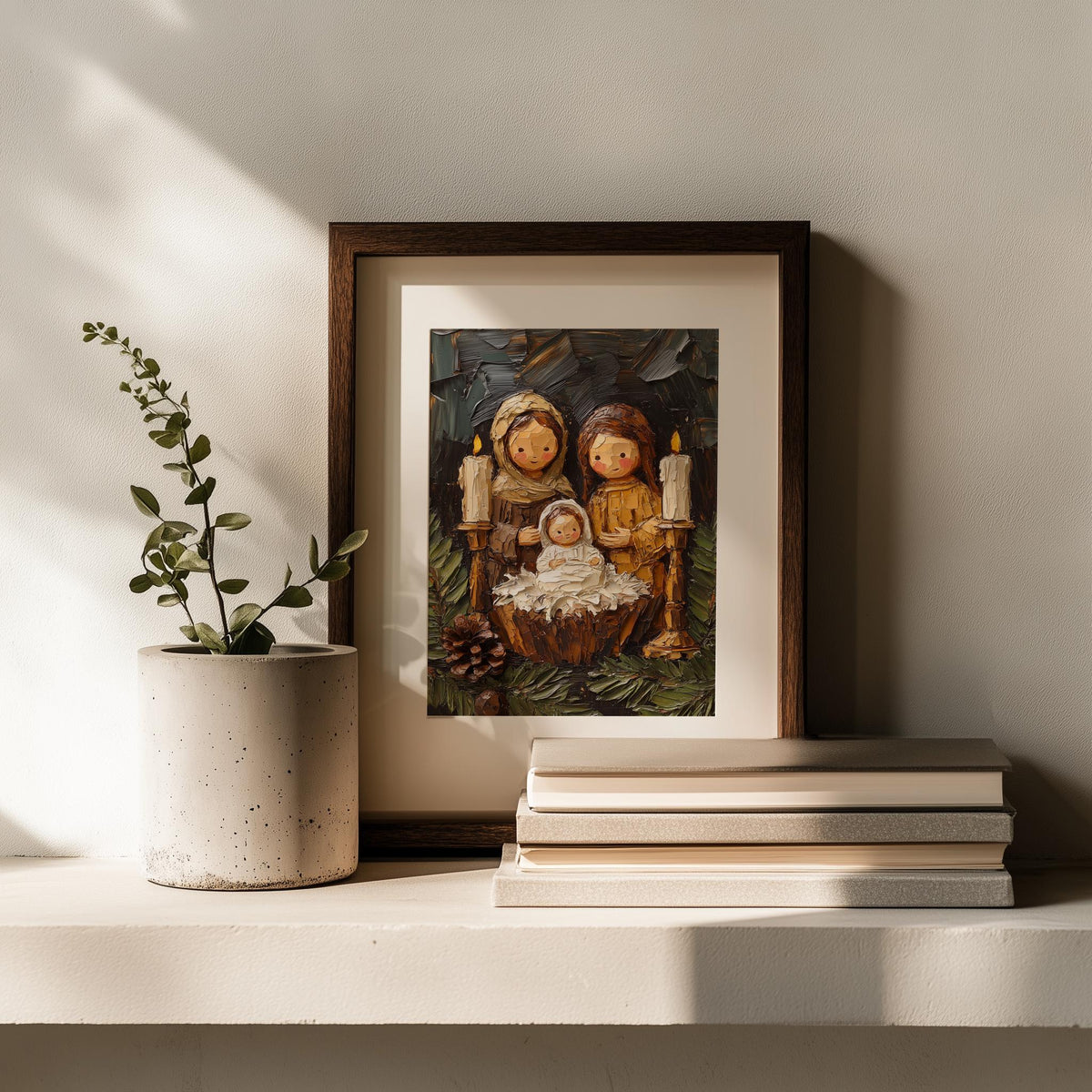 Folk Nativity Christmas art print shown in a room setting