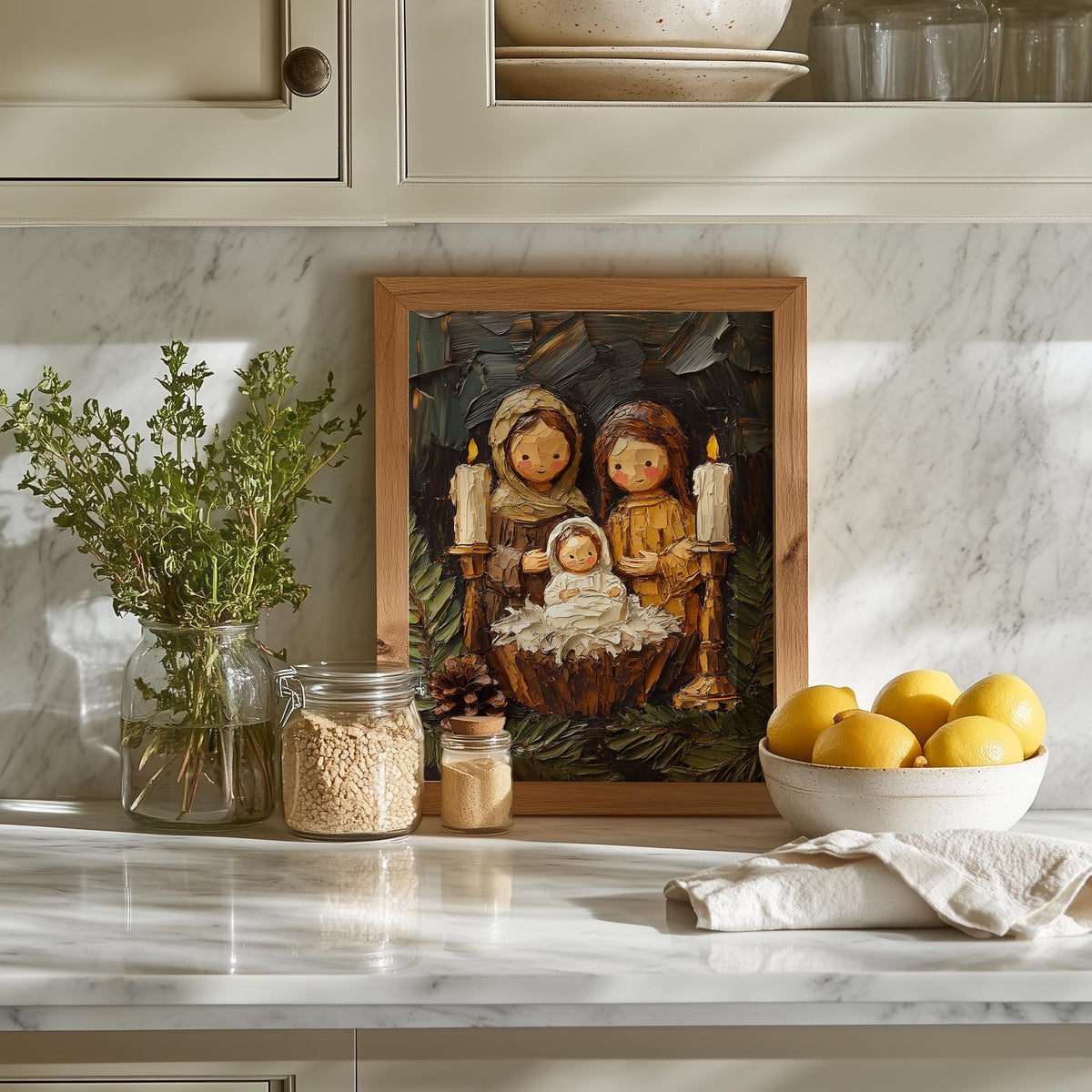 Folk Nativity Christmas art print shown in a room setting