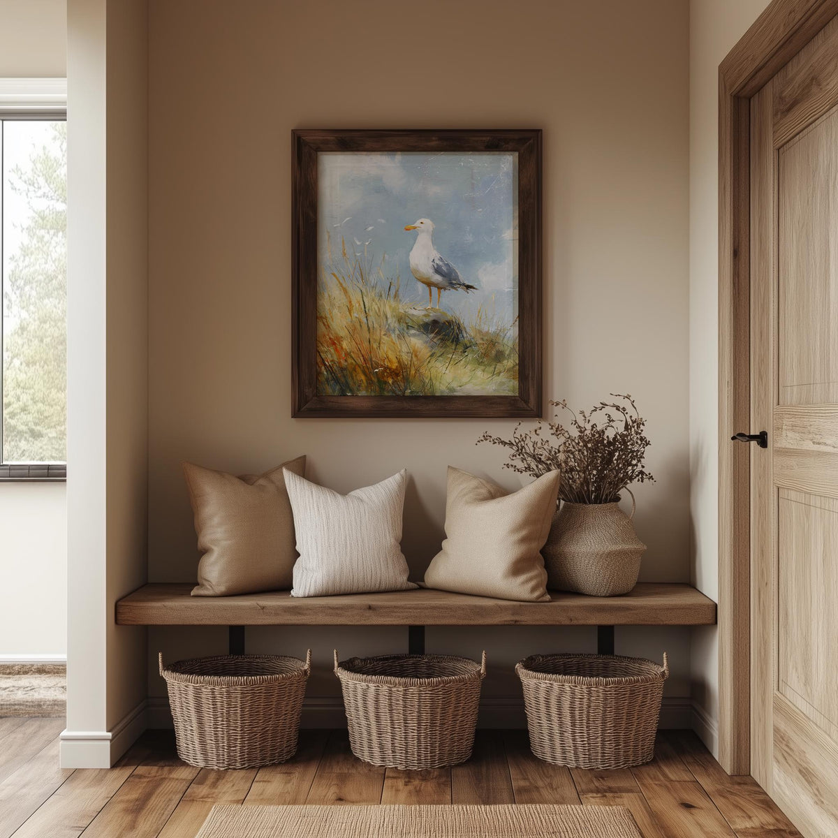 Seagull Grass animal art print shown in a room setting