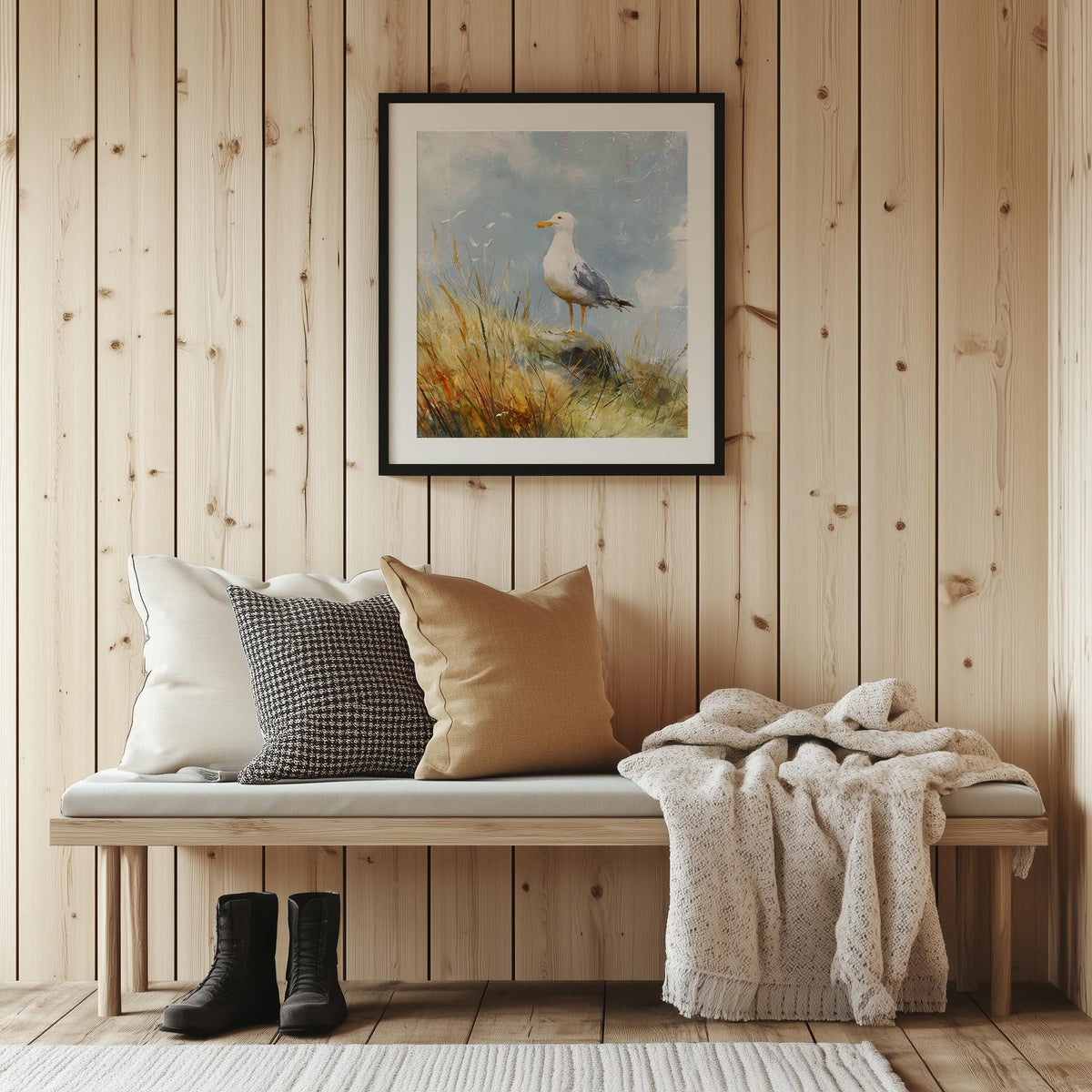 Seagull Grass animal art print shown in a room setting