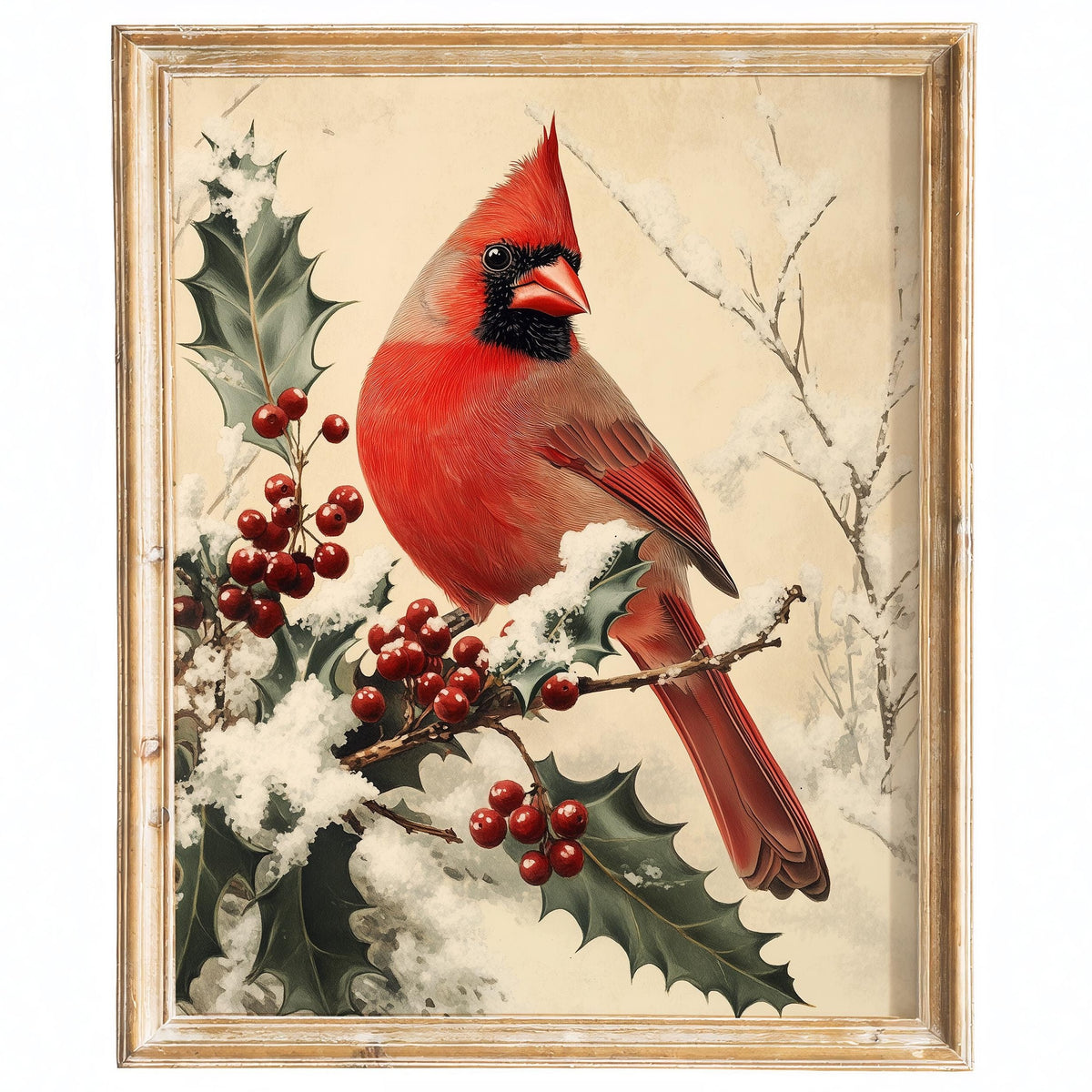 Holly Cardinal Christmas art print framed