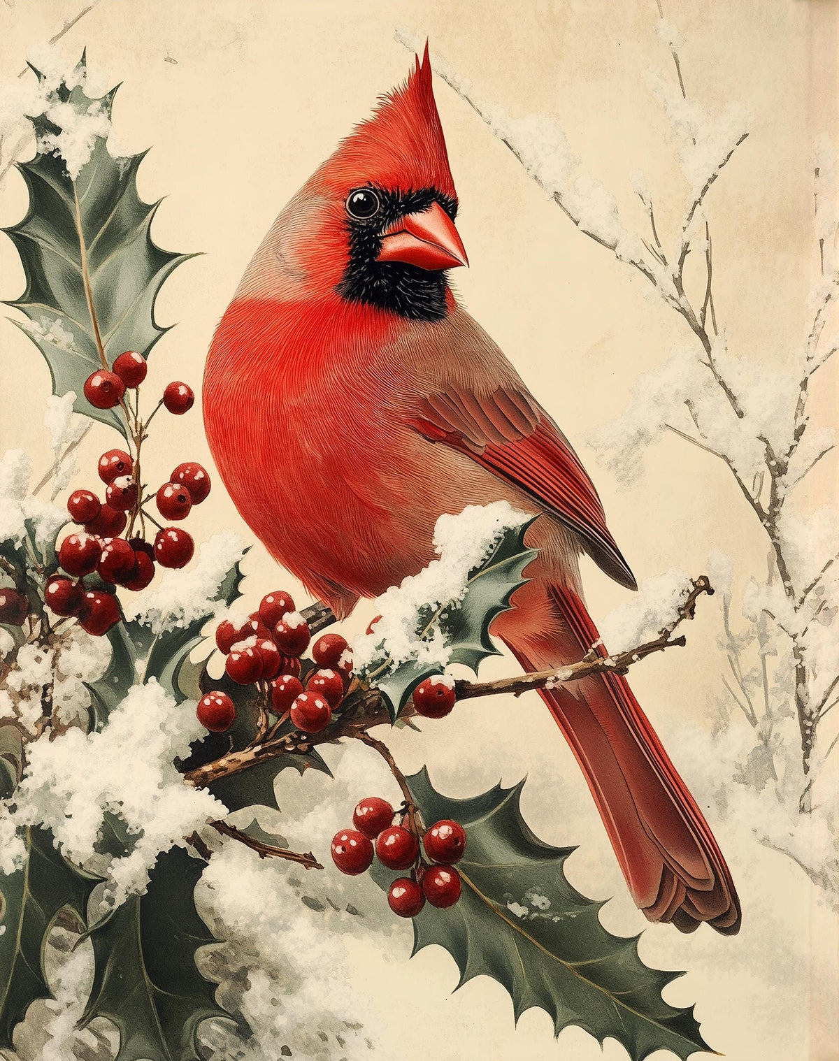 Holly Cardinal Christmas art print unframed, signed by Pattie Overcash