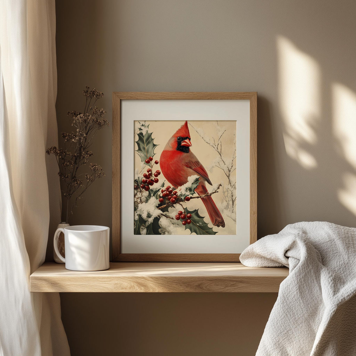 Holly Cardinal Christmas art print shown in a room setting