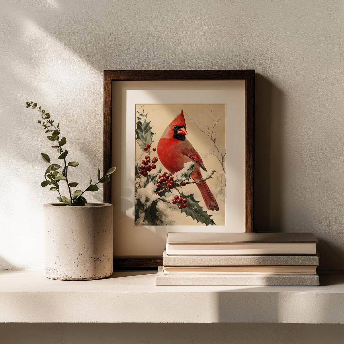 Holly Cardinal Christmas art print shown in a room setting