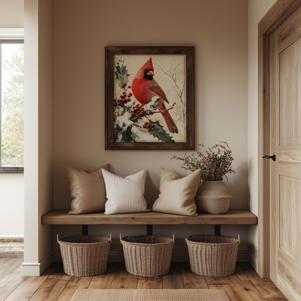 Holly Cardinal Christmas art print shown in a room setting