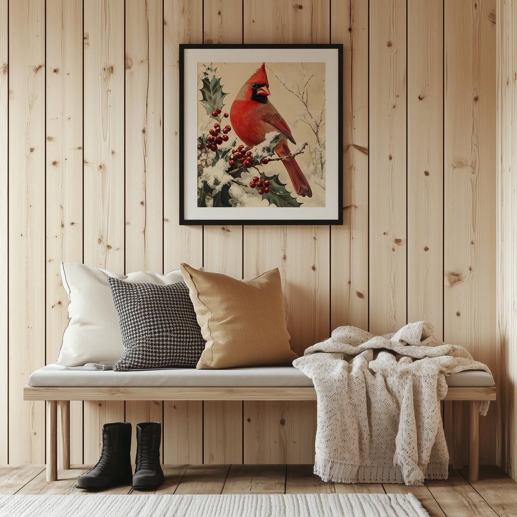 Holly Cardinal Christmas art print shown in a room setting