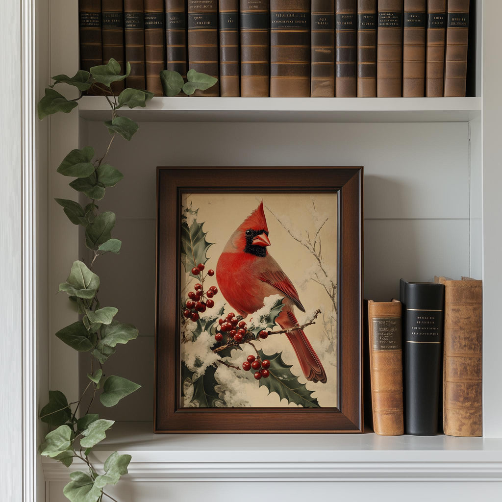 Holly Cardinal Christmas art print shown in a room setting