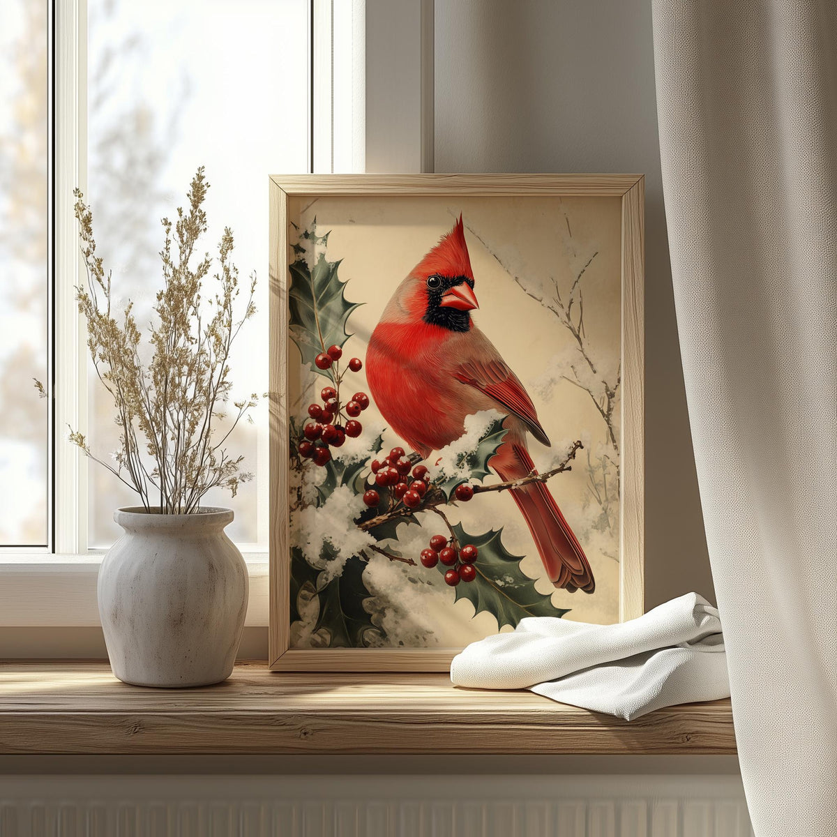 Holly Cardinal Christmas art print shown in a room setting