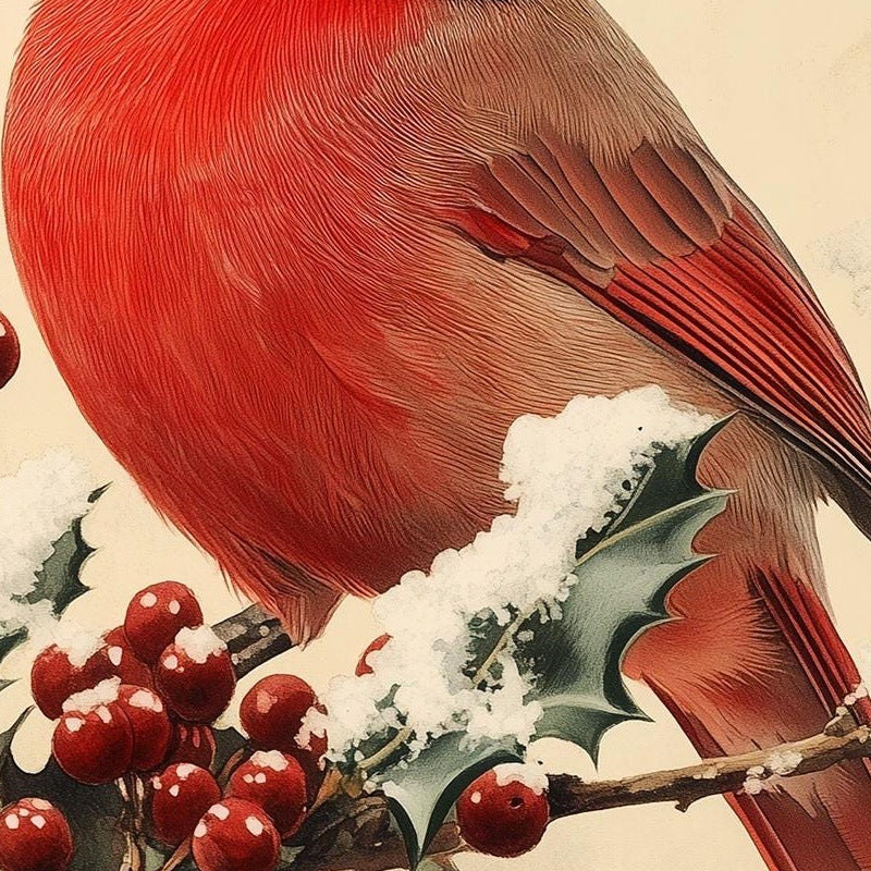 Holly Cardinal Christmas art print close-up detail