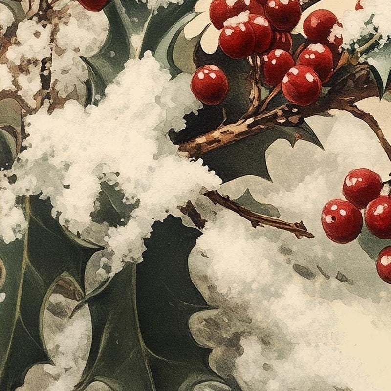 Holly Cardinal Christmas art print close-up detail
