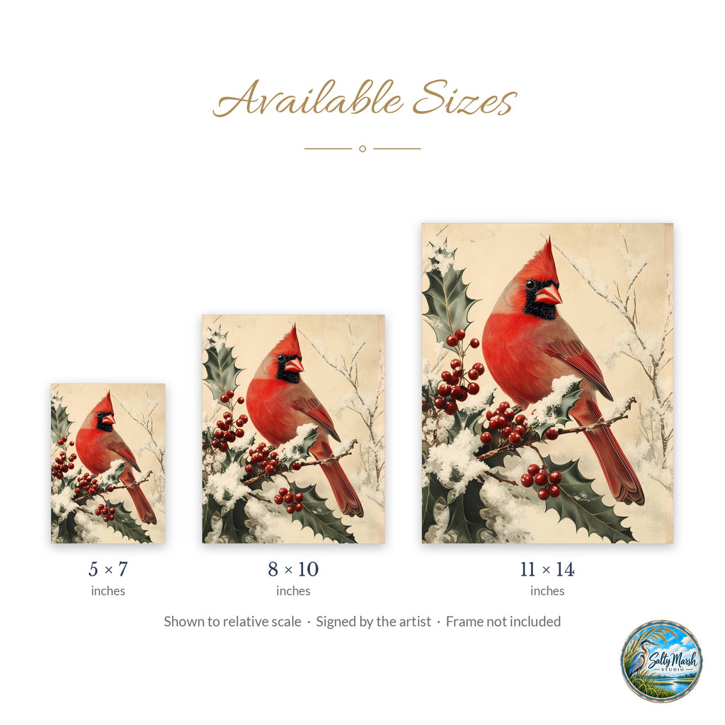 Holly Cardinal art print size guide: 5x7, 8x10 and 11x14