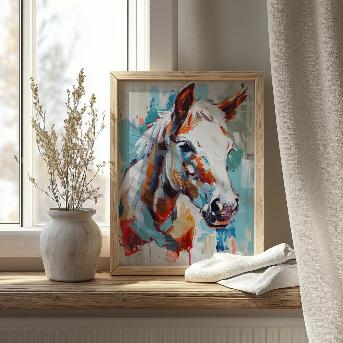 White Horse animal art print shown in a room setting