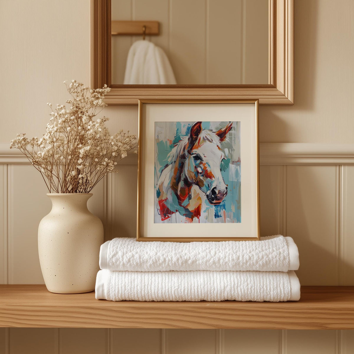 White Horse animal art print shown in a room setting
