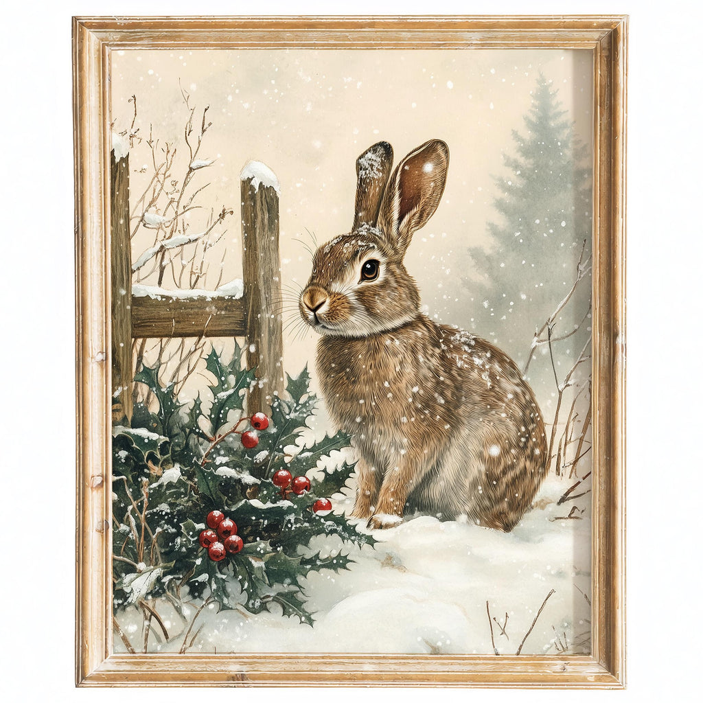Winter Rabbit Christmas art print framed