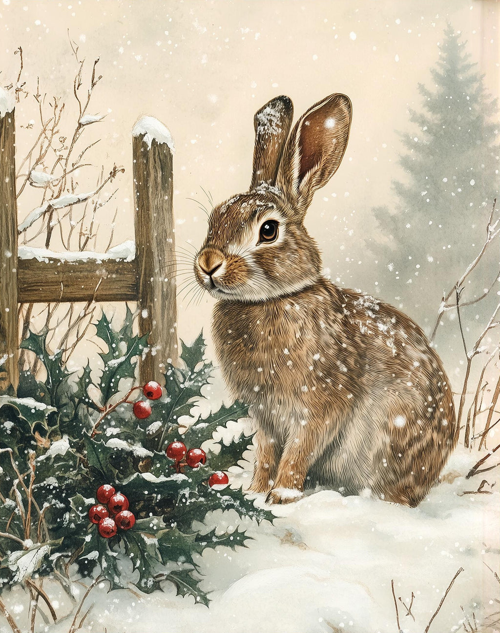 Winter Rabbit Christmas art print unframed, signed by Pattie Overcash