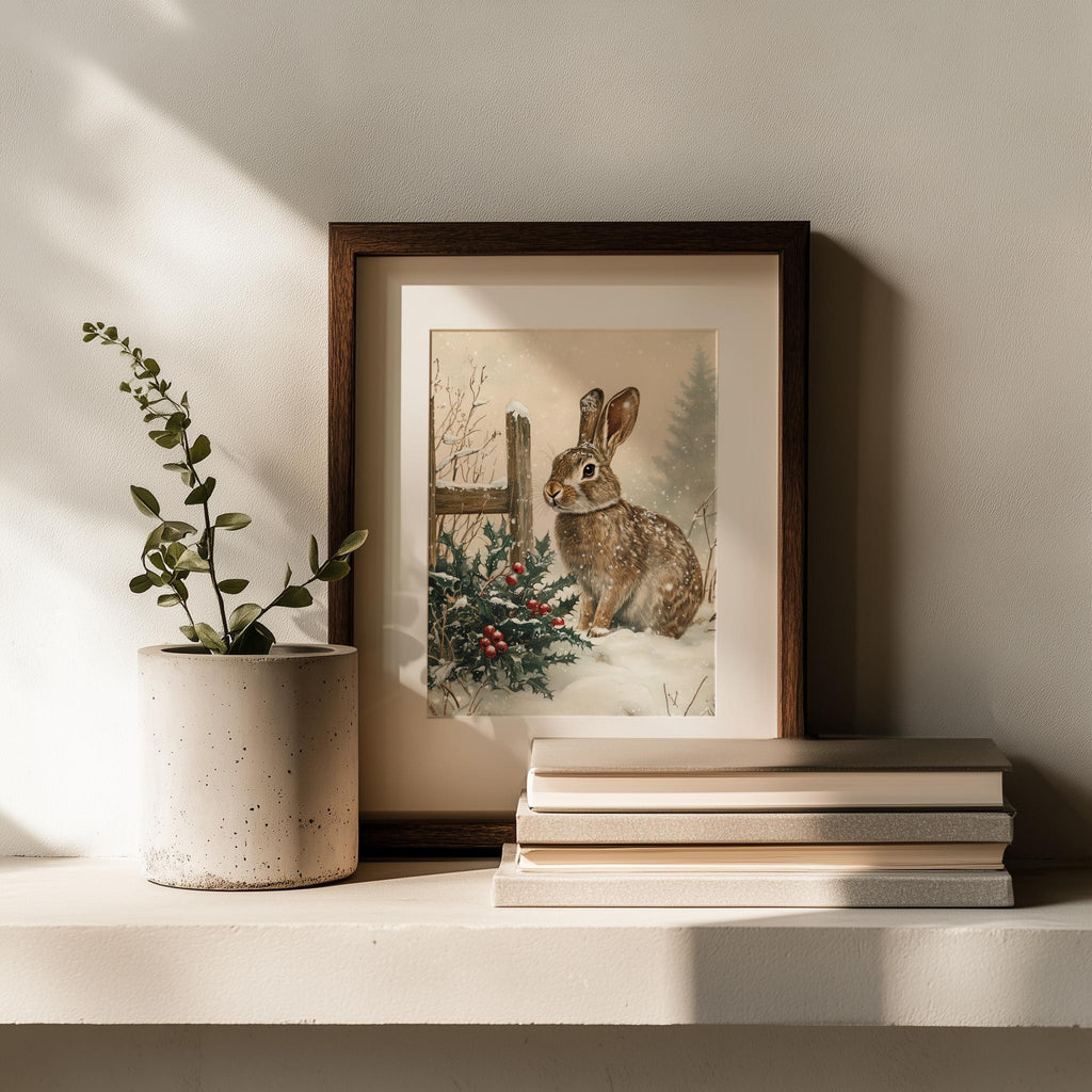 Winter Rabbit Christmas art print shown in a room setting