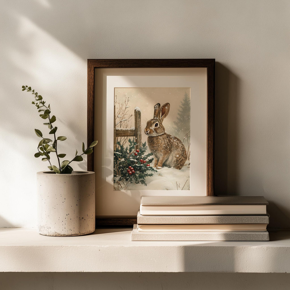 Winter Rabbit Christmas art print shown in a room setting