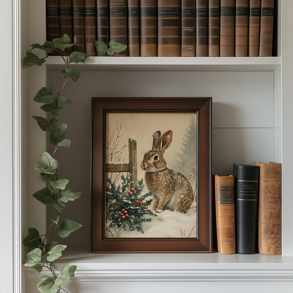 Winter Rabbit Christmas art print shown in a room setting