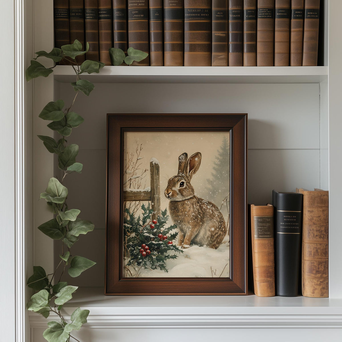 Winter Rabbit Christmas art print shown in a room setting