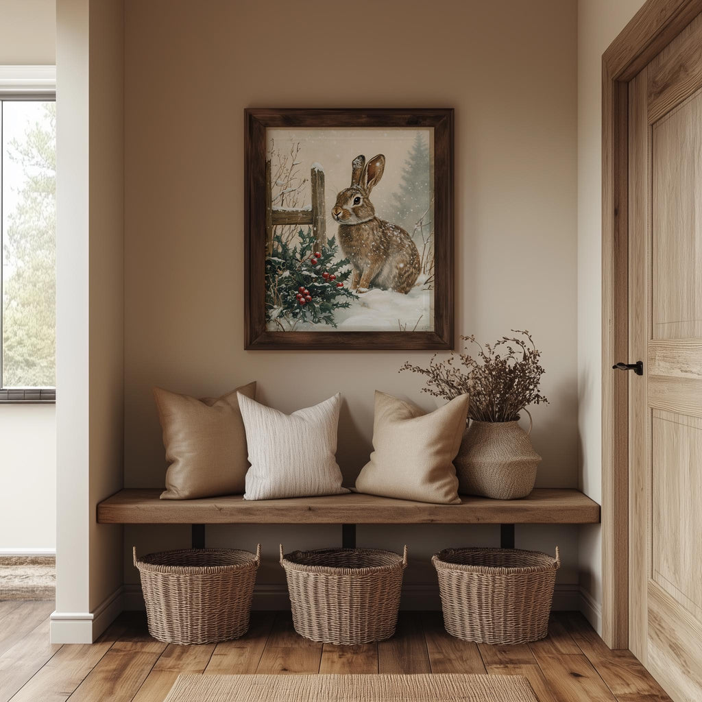 Winter Rabbit Christmas art print shown in a room setting