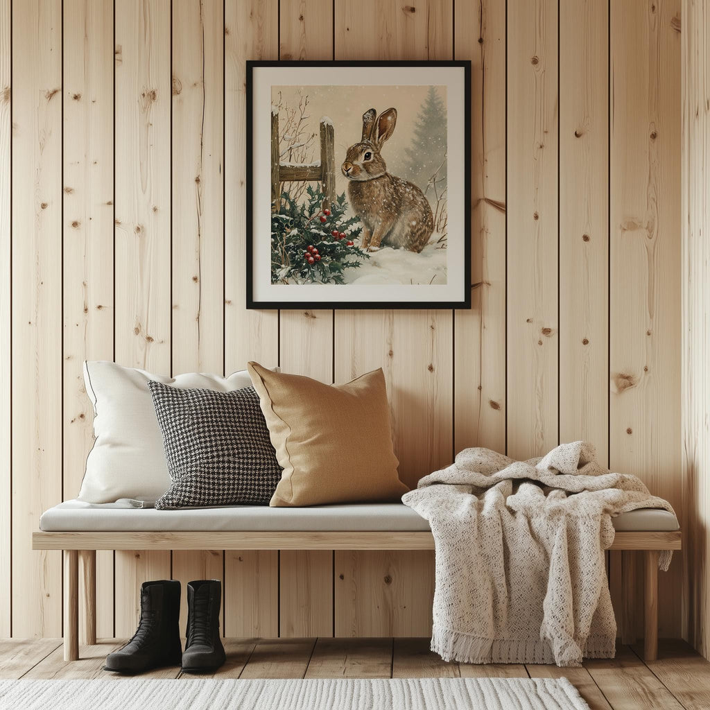Winter Rabbit Christmas art print shown in a room setting