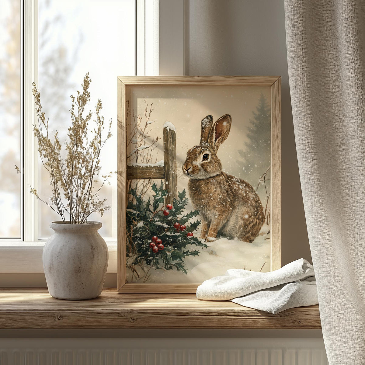 Winter Rabbit Christmas art print shown in a room setting