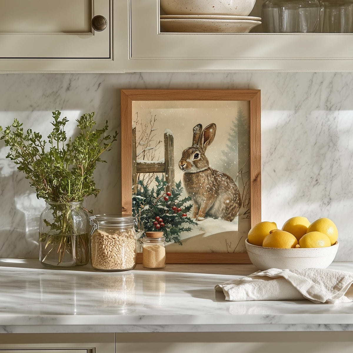 Winter Rabbit Christmas art print shown in a room setting