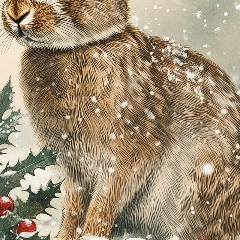 Winter Rabbit Christmas art print close-up detail