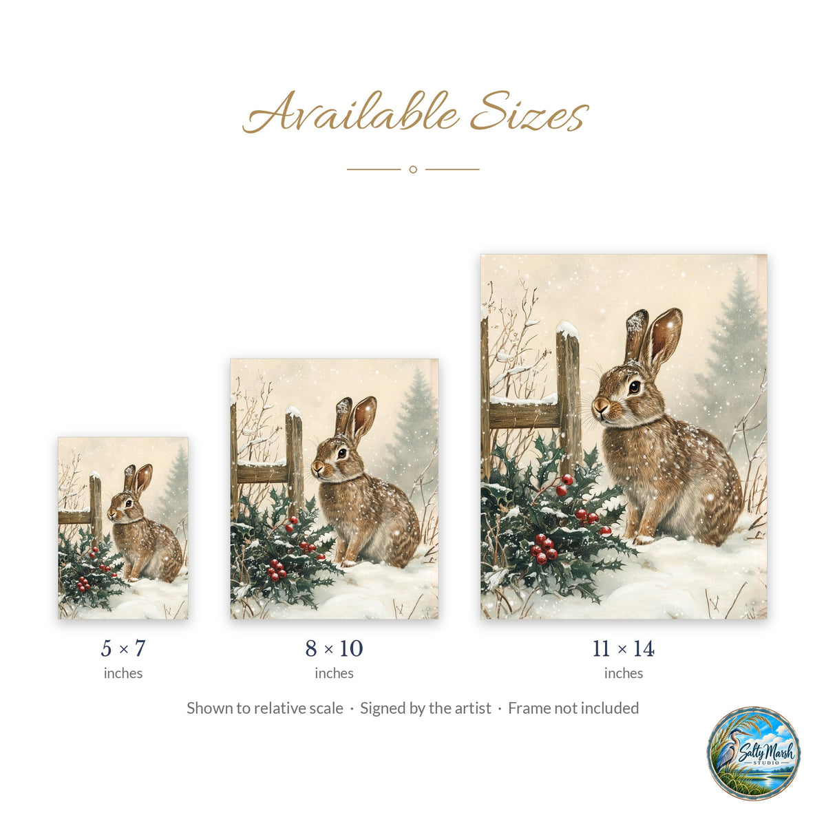 Winter Rabbit art print size guide: 5x7, 8x10 and 11x14