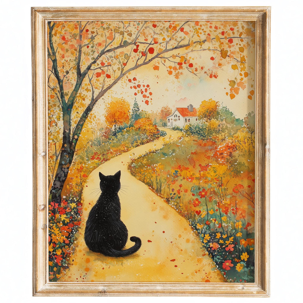 Black Cat Autumn Path fall art print framed